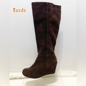 Dark Brown Suede Leather Wide Calf Zip up Tall wedge heel Boot 9.5